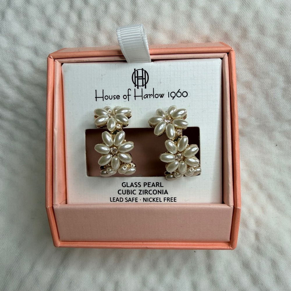 House of Harlow 1960 Glass Pearl Cubic‎ Zirconia Double Flower Hoop Earrings NIB